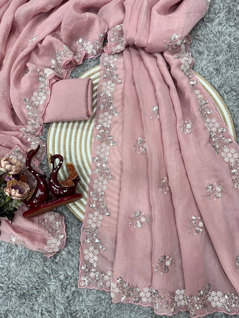 Women's Soft Pink Organza Saree with Delicate Pearl & Sequin Floral Embroidery β Lightweight Sheer Drape for Festive, Wedding & Party Wear - Image 7